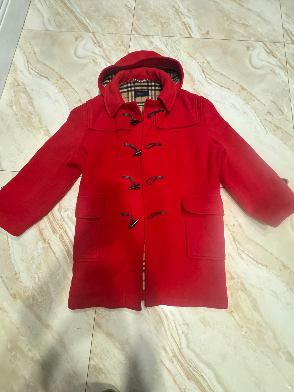 Burberry Red Wool Toggle Pea Coat with Hood